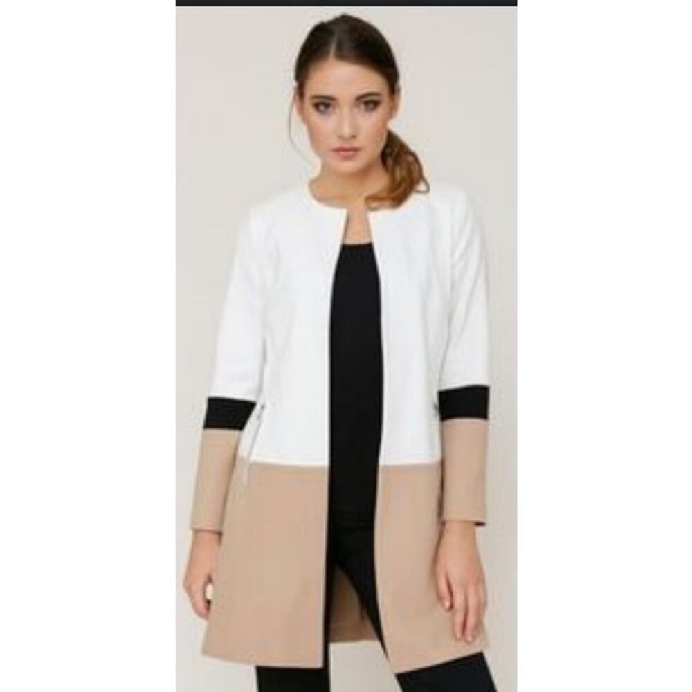 Chico's Long White Tan Black Tunic Cardigan Shacket Size 16/18